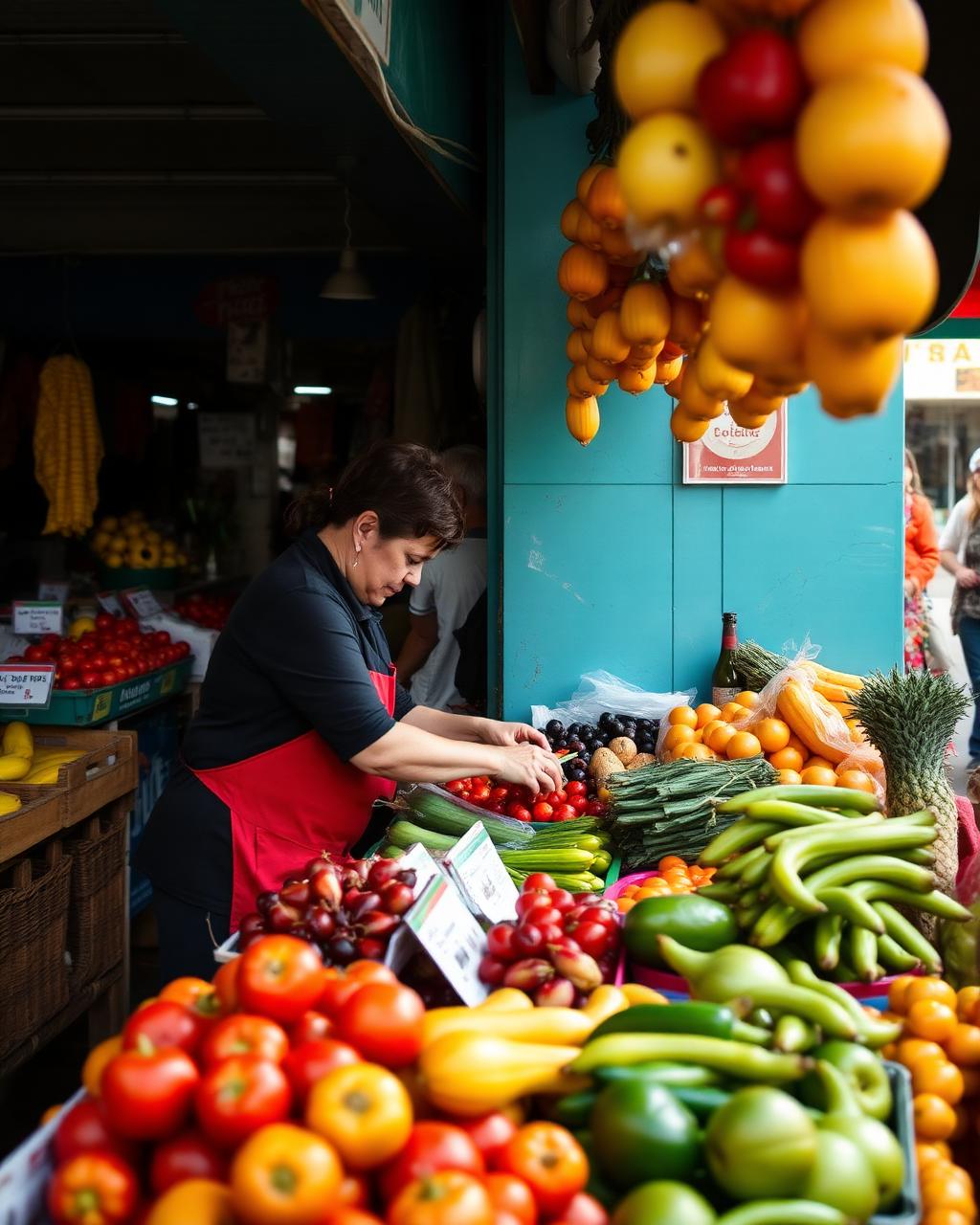 Parada de fruta y verdura en un mercado de Barcelona con la vendedora colocando género
