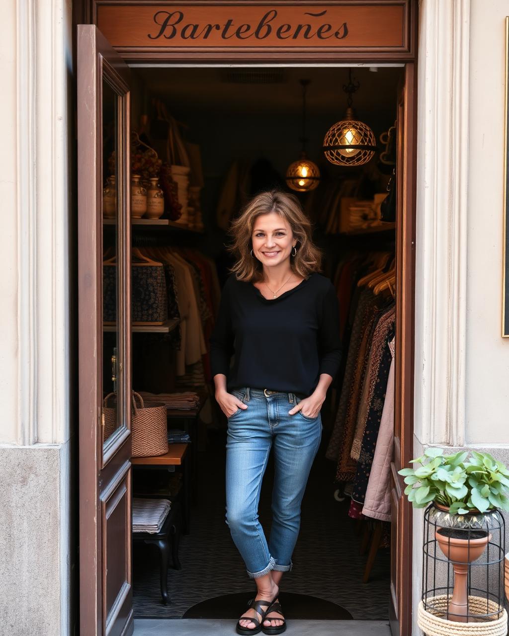 Retrato de la dueña de una tienda en la puerta de su local en Barcelona