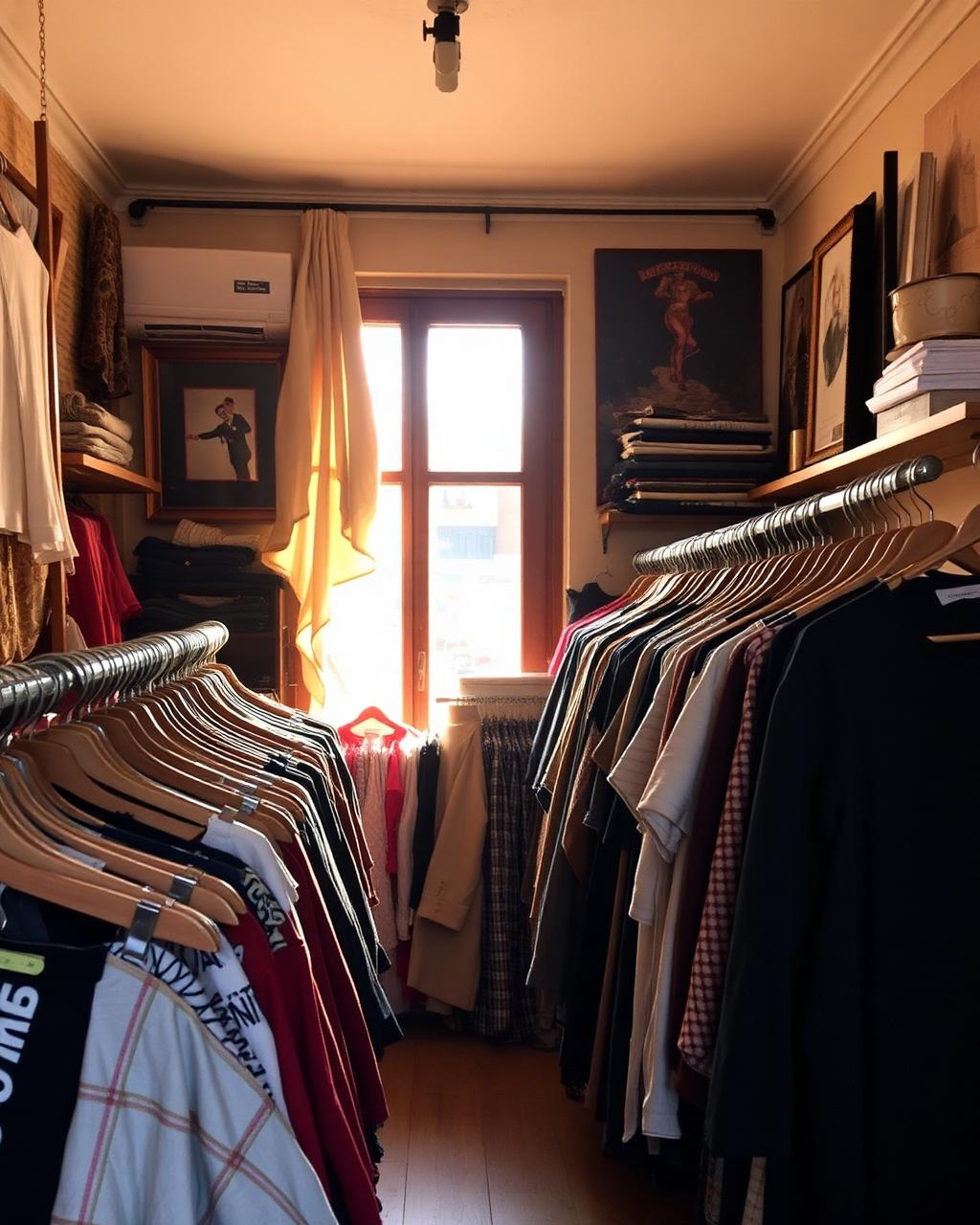 Interior de una tienda de ropa vintage en Barcelona con luz de tarde