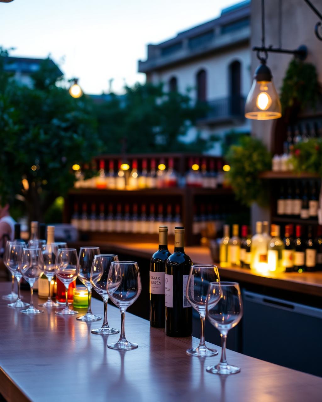 Barra de un bar de vinos de Barcelona al atardecer con copas y botellas
